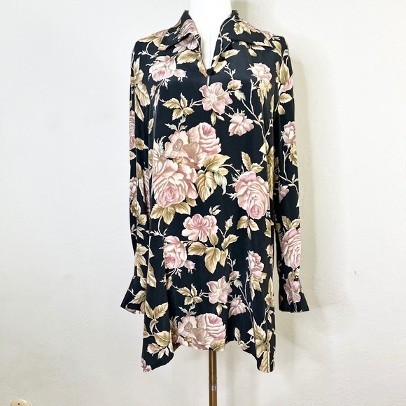 Dana Buchman Tops - Dana Buchman 100% Silk Floral Tunic Size 6 Black Pink Long Sleeve Collar Vintage